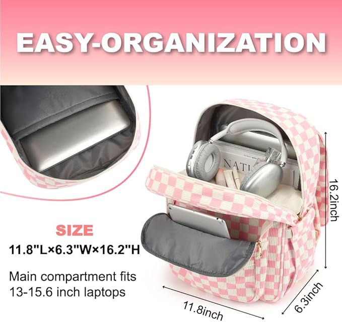 Women Laptop Backpack, Corduroy 15.6" Travel Backpack for Work College Business, Teacher Nurse Bag with Large Capacity School Bookbag Bags for Girls - Checkered Pink