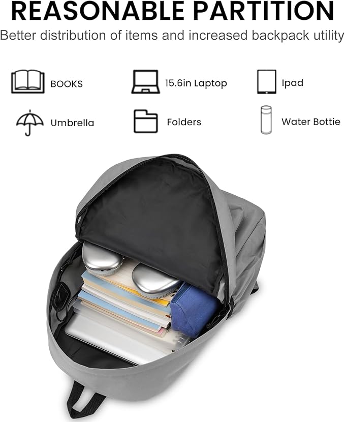Laptop Backpack for School Teen Boys Girls, Lightweight Casual Backpacks for Men and Women, Classic Basic Water Resistant Casual Daypack, 15.6 Inch Laptop Bookbag for College High School Travel, Grey