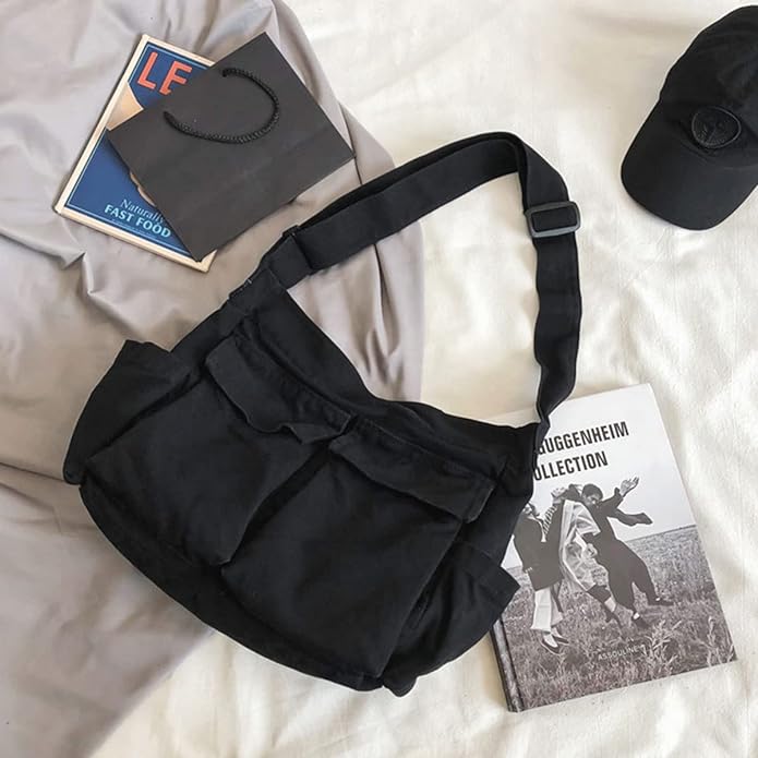 GAXOS Aesthetic Cute Messenger Bag for School Vintage Black Canvas Crossbody for Women Shoulder Laptop Bag
