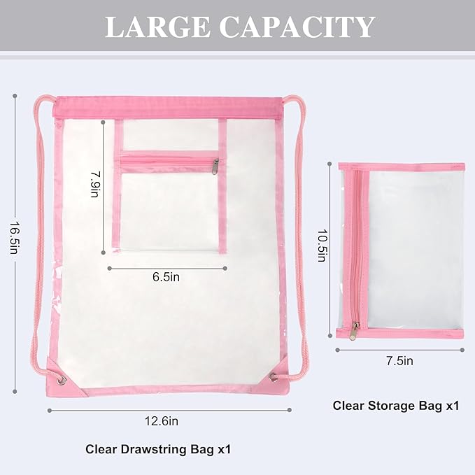 Clear Drawstring Bags, Transparent Storage Backpack for Stadium Approved,2 pieces, Concert Baseball Festival Beach Makeup Bag (1, Pink)