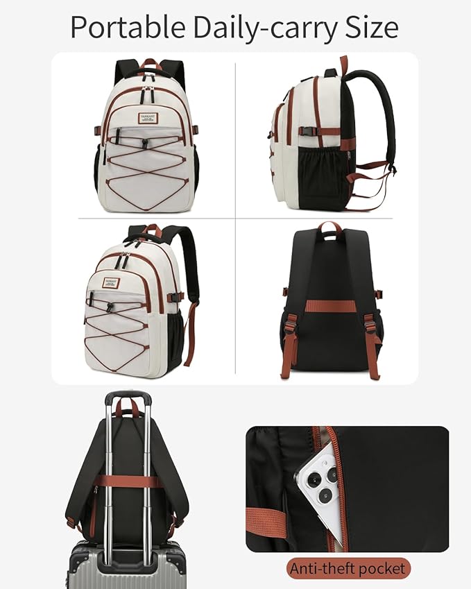 Teen Backpack for Girls, Women Bookbag for College Students Middle High School, Aesthetic Schoolbag Back Pack, White Black Brown
