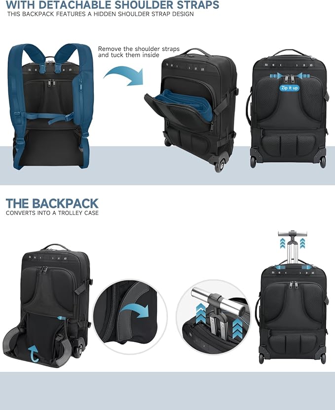 Carry on backpack with wheels, Rolling backpack with Dry-Wet Pocket, TSA Lock, Laptop Compartment, Water-Resistant for Men Women, Work, Air Travel（3-Piece Set-Includes Toiletry & Storage Bag）