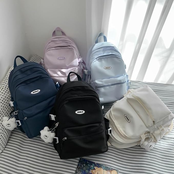 Kawaii Backpack with Cute Accessories Casual Aesthetic Daypack Simple Laptop Bag Waterproof Travel Rucksack for Women (dark blue)