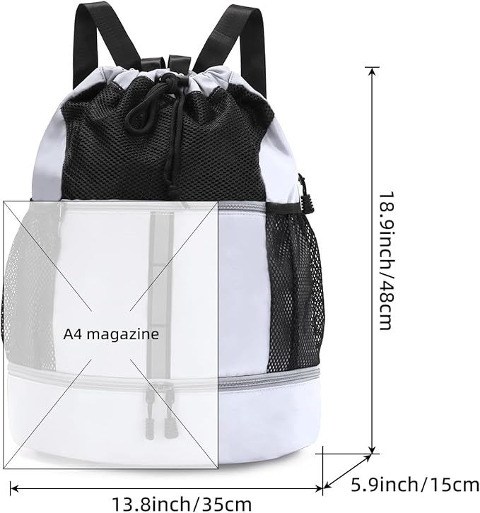 Valleycomfy Drawstring Gym Bag Sports Backpack With Shoe Compartment and Reflective Strips White