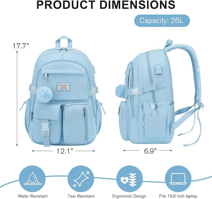 Backpack for Teen Girls, 15.6 Inch Laptop Backpack Cute Kids Bookbag for Middle School College Students, Large School Bag for Women (Blue)