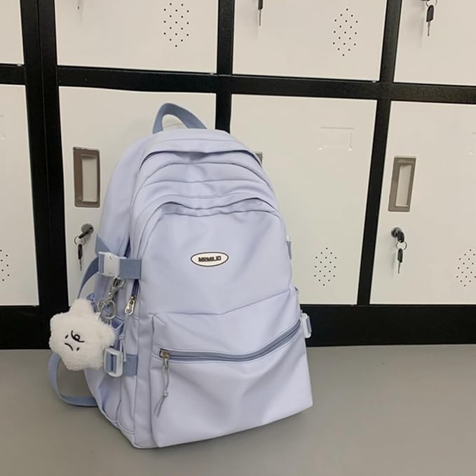 Kawaii Backpack with Cute Accessories Casual Aesthetic Daypack Simple Laptop Bag Waterproof Travel Rucksack for Women (blue)