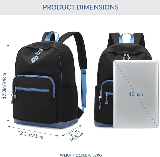 Lohol Classic Backpack for Girls Boys Teens, Lightweight Bookbag for School Travel College (Balck/Blue)