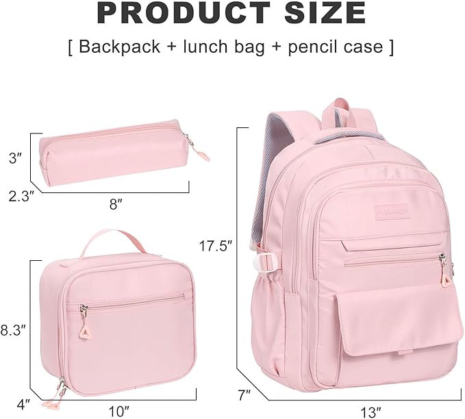 Phaoullzon Teen Girls School Backpack with Lunch Box for Boys, College Aesthetic Laptop Bookbag for Women,Pink