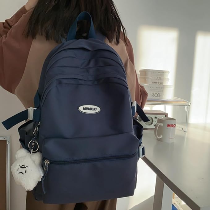 Kawaii Backpack with Cute Accessories Casual Aesthetic Daypack Simple Laptop Bag Waterproof Travel Rucksack for Women (dark blue)