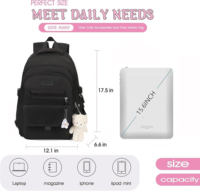 Girls Backpack for College High Middle School Student, Cute Aesthetic Bookbag for Teens Women with Accessories,Black