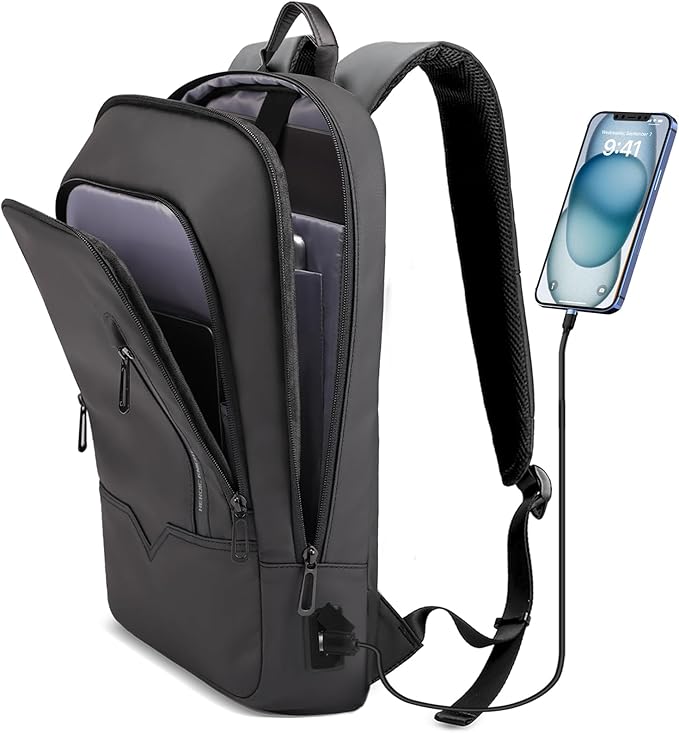 hk Backpack for Men Business Slim Backpack with USB Charger Computer Lightweight Anti-theft Travel Backpacks 17.3 inch Water Resistant Laptop Bag for Work Office College-Black