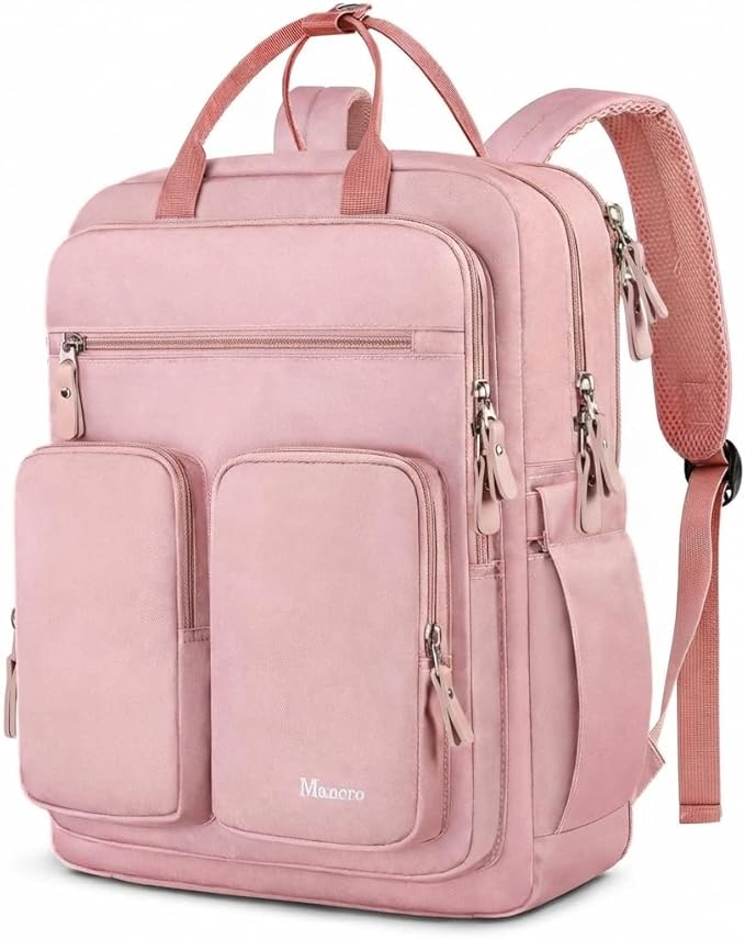 Mancro College Backpack for Women, 15.6 Inch TSA Laptop Bookbag with Mutiple Pockets, Large Capacity Book Bag for Teen Girl Students Casual Daypack Travel Backpacks, Pink