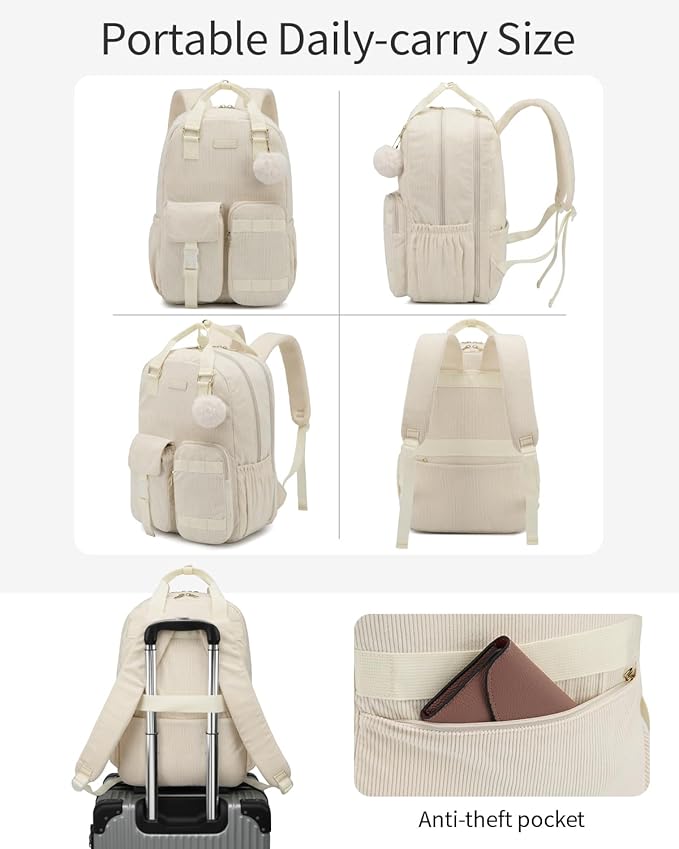 Cute Backpacks for Women, 17.3in Laptop Bag for Teen Girl Corduroy Bookbag for Middle High School College Students, Beige