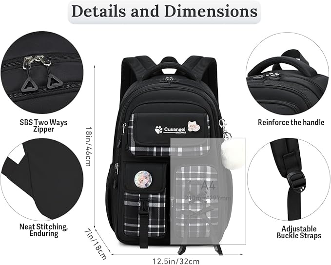 Cusangel Teen Girls Backpack for School, 18 inch Black Cute Daily BookBag, Large Capacity Waterproof Laptop Daypack