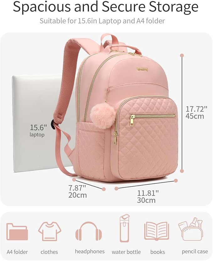 Girls Backpack, Cute Laptop Backpack with Charging Hole for Middle High College School, Water Resistant Daypack for Women Work Travel, Pink