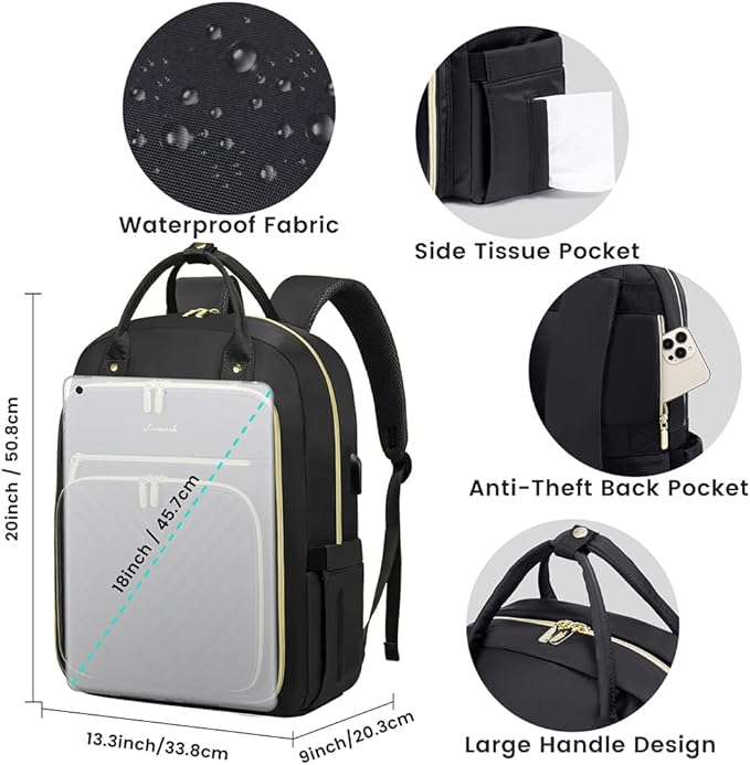 LOVEVOOK Laptop Backpack for Women, Water Resistant Travel Work Backpacks Purse Stylish Business Teacher Nurse Computer Bag with USB Charging Port,Black