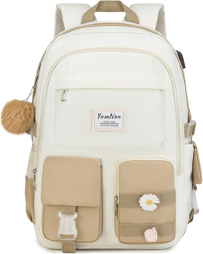YAMTION School Backpack for Teen Girls,15.6in Laptop Backpack Kids Bookbag for Middle School College Students,Cute School Bag for Women (Khakibeige, Fits 15.6in PC)