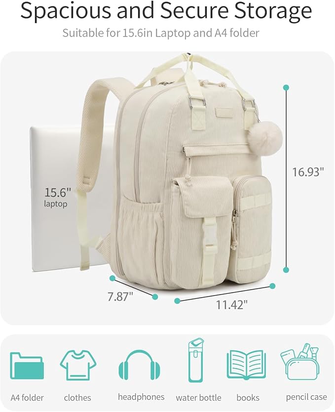 Teen Girls Backpack, Aesthetic Corduroy Bookbag with 15.6" Laptop Compartment Cute School Bag for Middle High School College, Beige