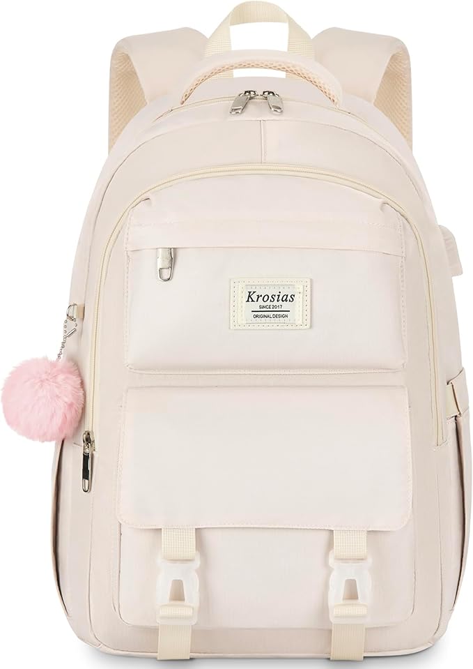 School Backpack for Girls Teens, Cute Aesthetic College Backpacks Large 15.6 Inch Laptop Bag Preppy Bookbag for Women Students Travel (Beige)