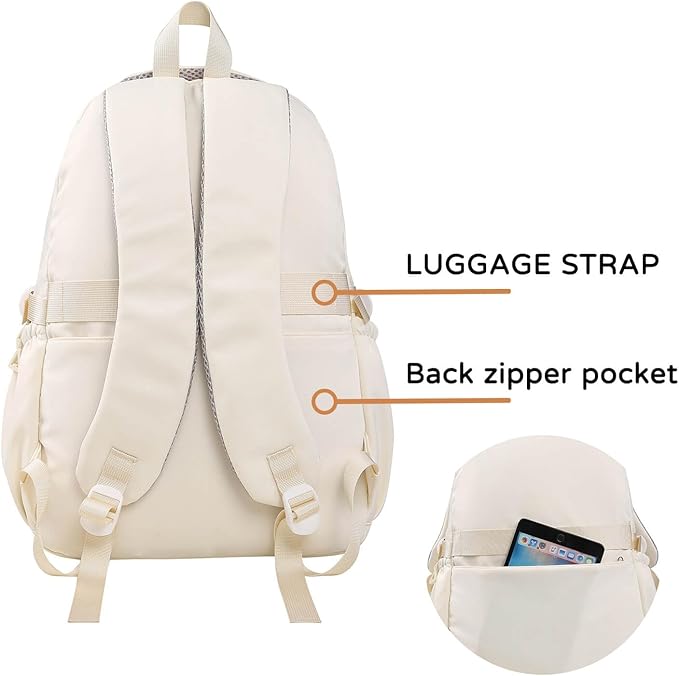 Phaoullzon Teen Girls School Backpack with Lunch Box for Boys, College Aesthetic Laptop Bookbag for Women,Beige