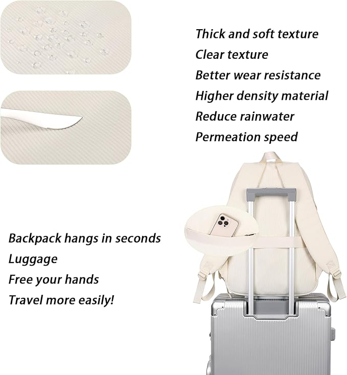 Girls Laptop Backpack Corduroy Bookbag For Teen Big Studen School Bag Durable Travel Daypack (2white)