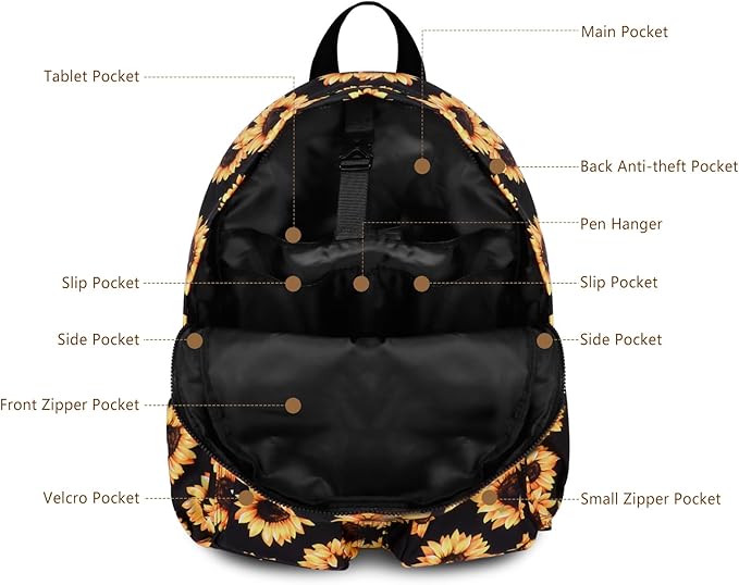 Women's Water-resistant Daypack Backpack, 15.6 Inch Laptop Compartment & Anti-Theft Pocket, Adjustable Padded Straps for Commuting, Travel, Work, College, Sunflower