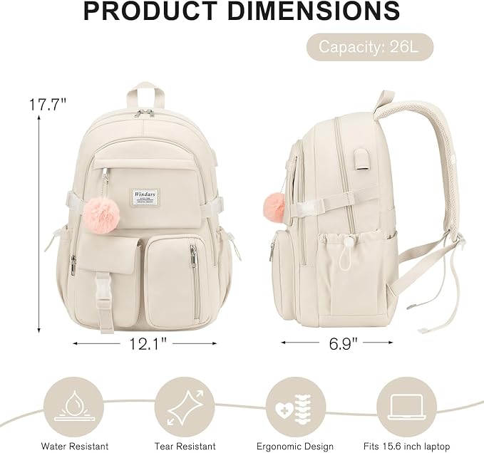 Backpack for Teen Girls, 15.6 Inch Laptop Backpack Cute Kids Bookbag for Middle School College Students, Large School Bag for Women (Beige)
