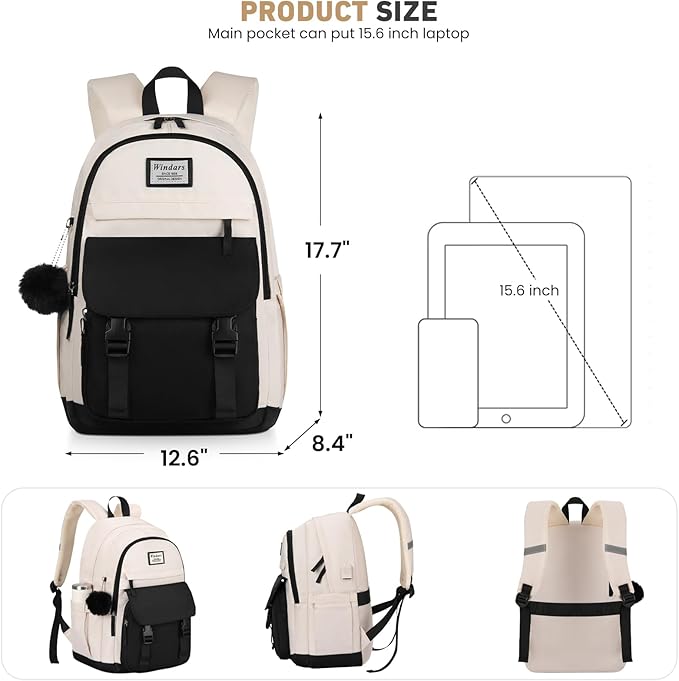School Backpack for Teen Girls, Cute College Backpacks for Women Students Aesthetic Bookbag Large 15.6 Inch Laptop Bag Middle School Travel Back Pack (Black Beige)