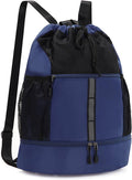 Valleycomfy Drawstring Gym Bag Sports Backpack With Shoe Compartment and Reflective Strips Dark Blue