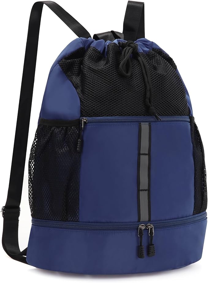 Valleycomfy Drawstring Gym Bag Sports Backpack With Shoe Compartment and Reflective Strips Dark Blue