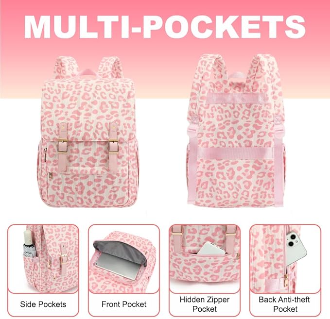 Women Laptop Backpack, Corduroy 15.6" Travel Backpack for Work College Business, Teacher Nurse Bag with Large Capacity School Bookbag Bags for Girls - Leopard Pink
