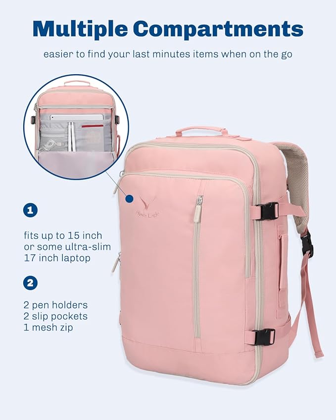 Hynes Eagle Carry on Backpack 38L Large Travel Backpack for Women Flight Approved Weekender Bag Laptop Backpack Men 15 inches Light Pink