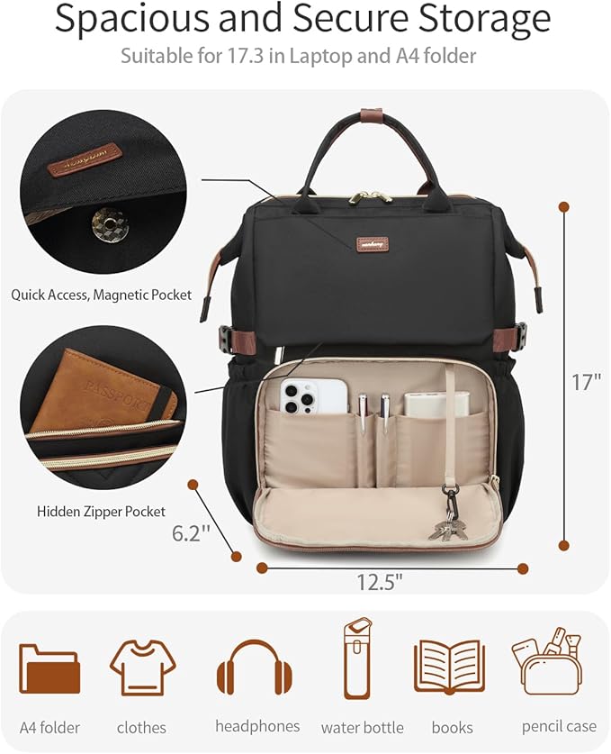 17.3in Computer Backpack for Women, Work Bag Laptop Bookbag with Cup Holder & USB Charger for Teacher Nurse College Travel Back Pack, Gifts, Black Brown