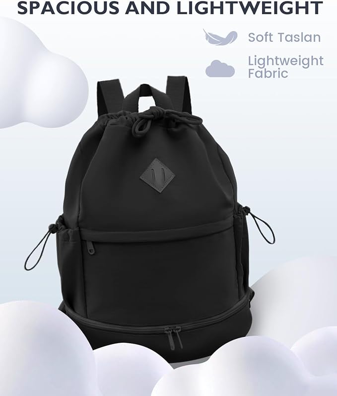 Drawstring Backpack Sports Gym Bag with Shoe Compartment and Wet Pocket String Swim Bag for Women Men Beach Backpack, Black