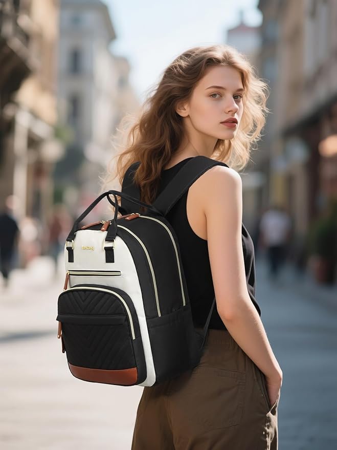Womens Travel Backpack, Girls Bookbag with Charging Hole for High School, Cute Large Capacity Computer Bag for Work Casual, BeigeBlack Brown