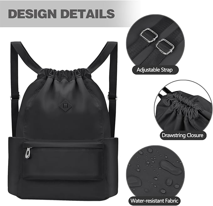 Drawstring Backpack with Wet Pocket Gym Backpack Water-Resistant Cinch String Bag Beach Swim for Women Men