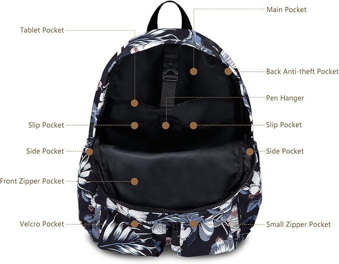 Women's Water-resistant Daypack Backpack, 15.6 Inch Laptop Compartment & Anti-Theft Pocket, Adjustable Padded Straps for Commuting, Travel, Work, College, Hawaii Flower