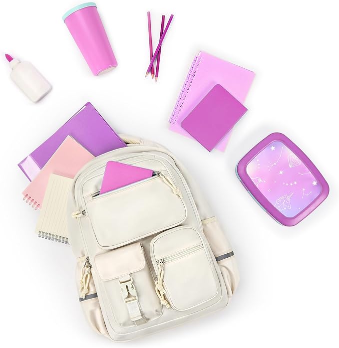 mibasies School Backpack for Teen Girls: 17.9 IN Backpack for Women with Laptop Compartment for Middle High Elementary School College Travel- Kids Bookbag Beige