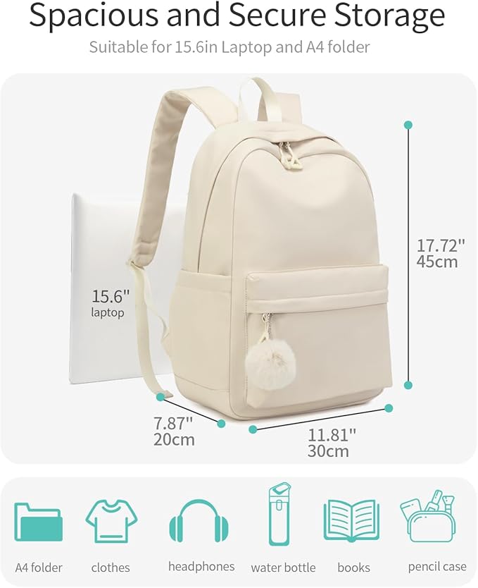 Girls Backpack, Middle School Back Pack for Teen Girls Cute Bookbag College Backpack for Women, Preppy Schoolbag for Elementary High School, Beige
