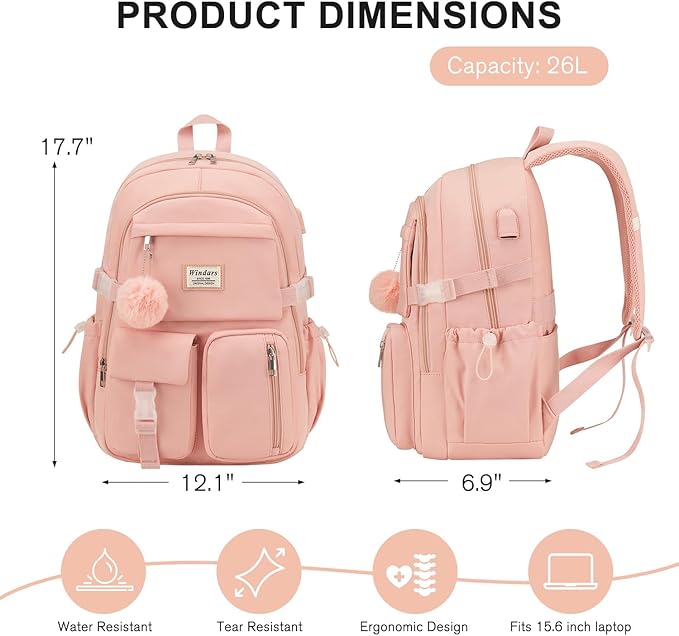 Backpack for Teen Girls, 15.6 Inch Laptop Backpack Cute Kids Bookbag for Middle School College Students, Large School Bag for Women (Pink)