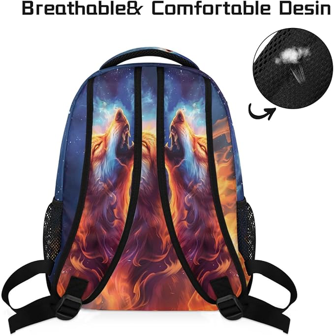 Pardick Wolf Fire Backpack for Kids Girls Boys Lightweight School College Students 18in Bookbag Large Capacity Computer Backpacks Laptop Rucksack Travel Gym Hiking Camping Daypack