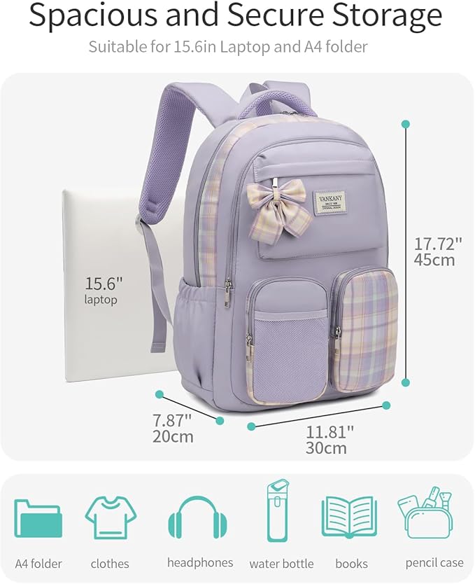 School Backpack for Teen Girls Cute Bookbags Middle High School College Laptop Bags Women Travel Teenage School Bag Daypack, Purple