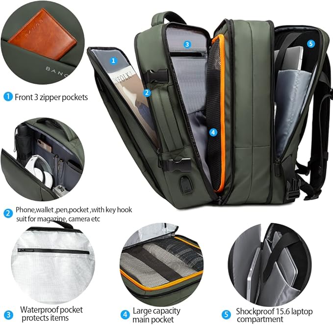 BANGE Carry-on Backpack, 45L Expandable Travel Backpacks,Weekend Backpack Briefcase,Waterproof Laptop Backpack Fits For 17.3” Laptop