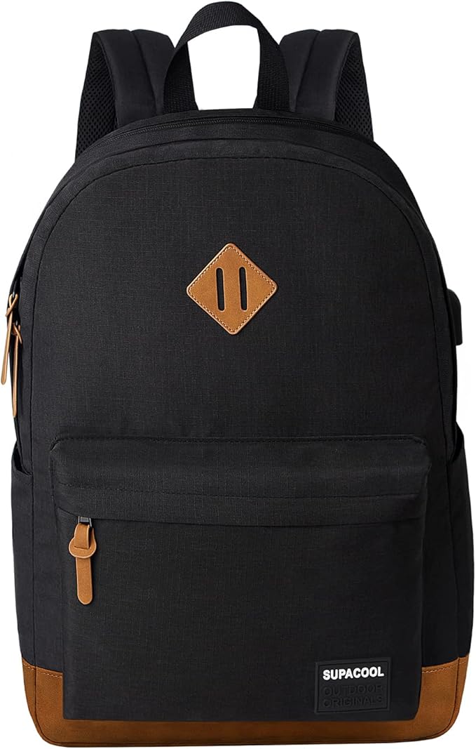 SUPACOOL Lightweight Laptop Backpack with USB Charging Port for Men and Women, Double Layers Backpack for College, Work, Travel, Casual(Black and brown)