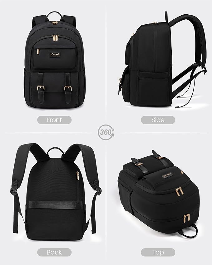 LOVEVOOK School Backpack for Women 15.6" Black Bookbag for Girls in Highschool College Casual Daypack Backpacks Water Resistent