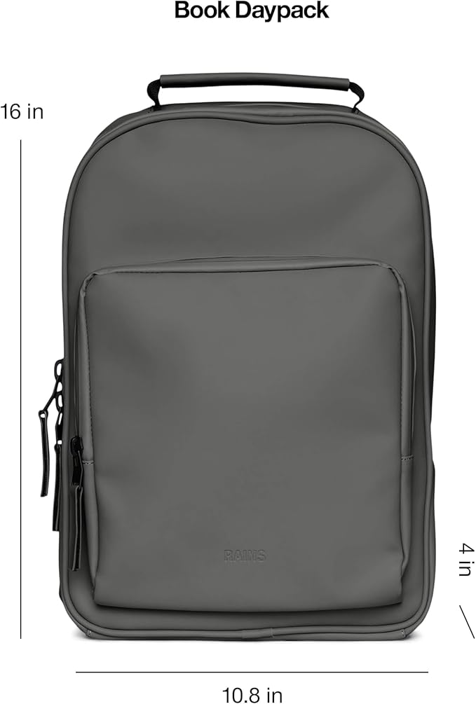 RAINS Book Daypack Regular Grey Laptop Backpack for Men and Women, Waterproof Black Minimalist Commuter Bag with 15”-16"