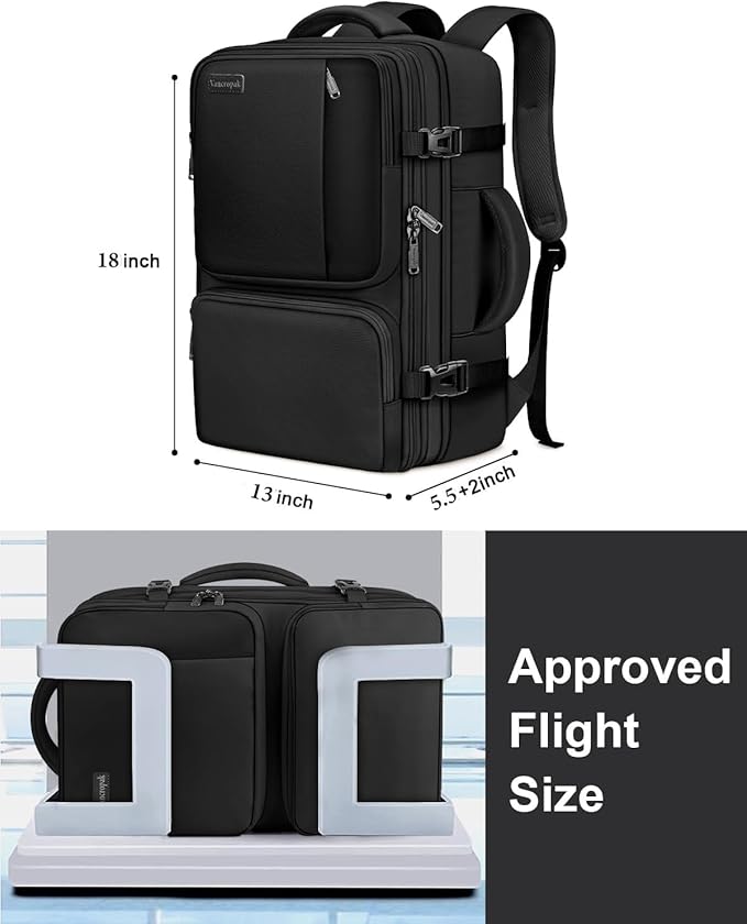 Vancropak Carry on Backpack, Flight Approved 40L Travel Backpack with 3 Packing Cubes for Men Women, Water Resistant Expandable Business Luggage Daypack Suitcase Travel Bag, Traveling Gifts, Black