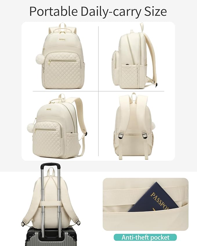 Travel Laptop Backpack Women, Water Resistant Bookbag Schoolbag with Charging Hole for Teen Girls College Students Work Bag, Beige