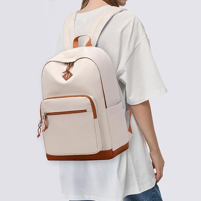 Lohol Classic Backpack for Girls Boys Teens, Lightweight Bookbag for School Travel College (Beige/Orange)