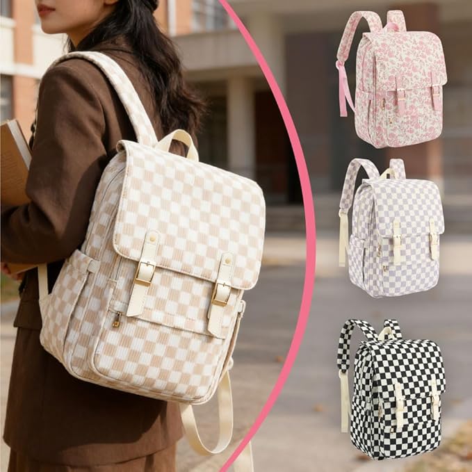 Women Laptop Backpack, Corduroy 15.6" Travel Backpack for Work College Business, Teacher Nurse Bag with Large Capacity School Bookbag Bags for Girls - Checkered Brown
